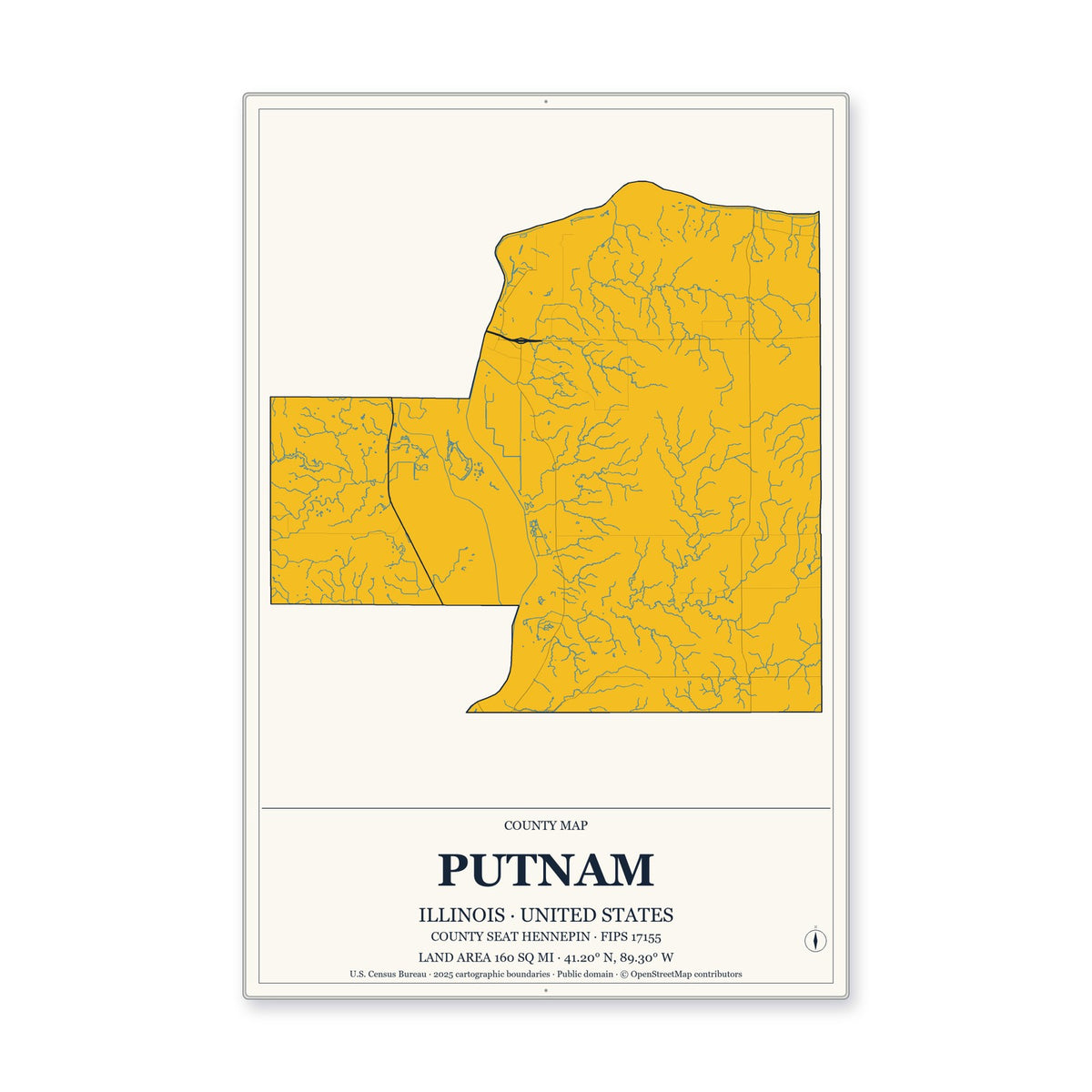 Putnam County, Illinois Map Aluminum Sign in Citrine Modern style