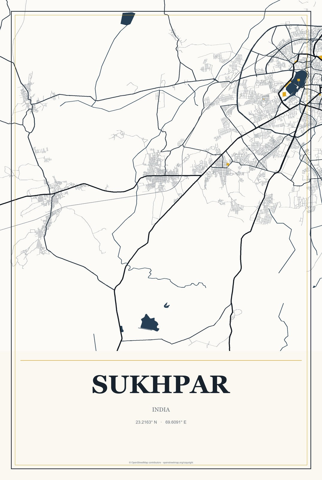 Sukhpar, India City Map Aluminum Sign in Citrine Modern style