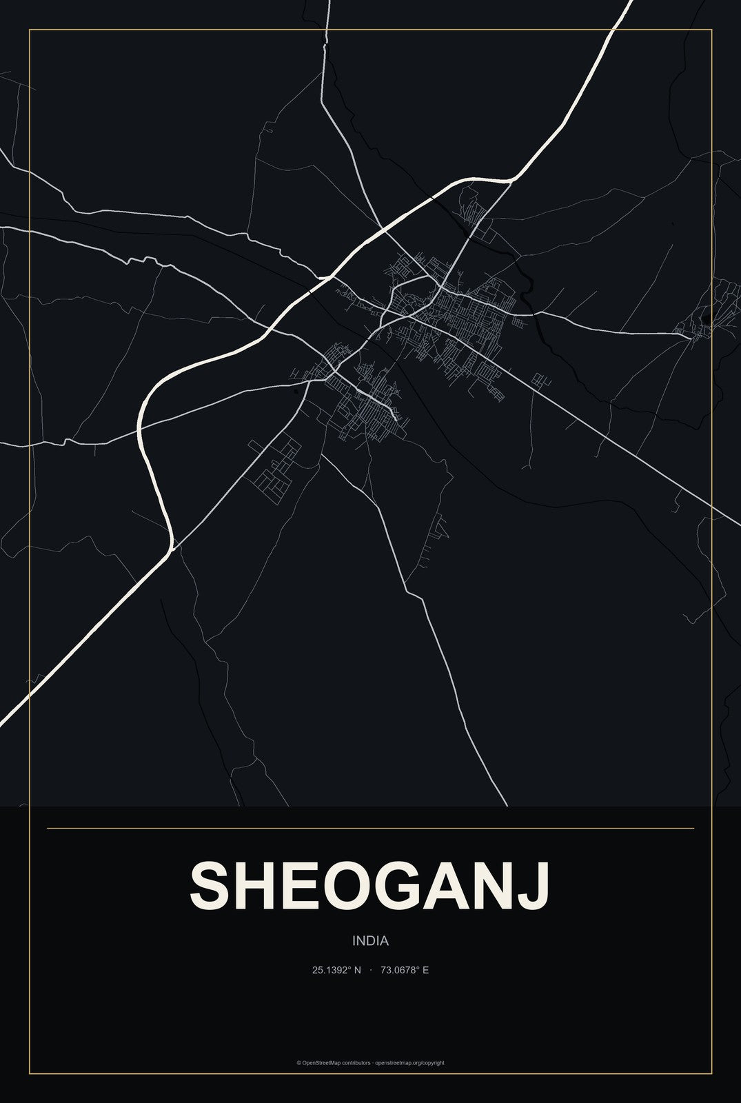 Sheoganj, India City Map Aluminum Sign in Metropolitan Noir style
