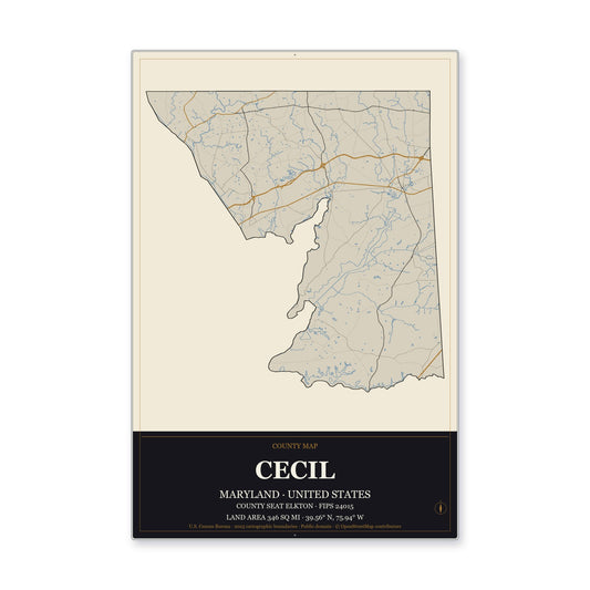 Cecil County, Maryland Map Aluminum Sign in Museum Plaque style