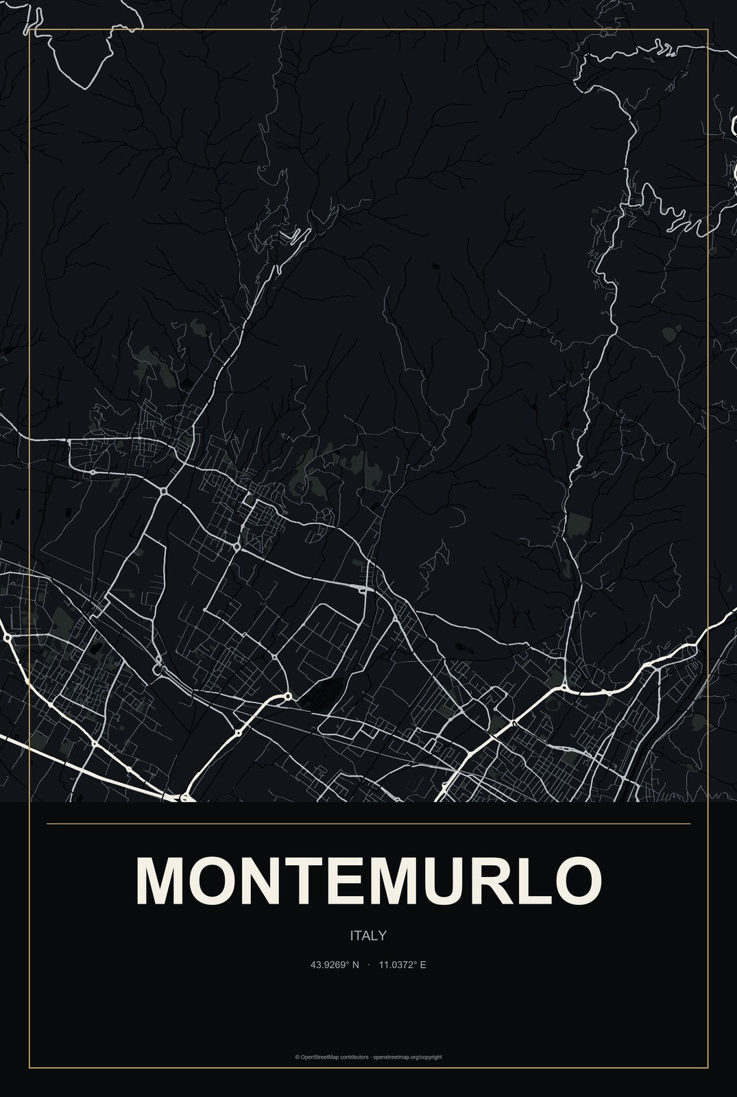 Montemurlo, Italy City Map Aluminum Sign in Metropolitan Noir style