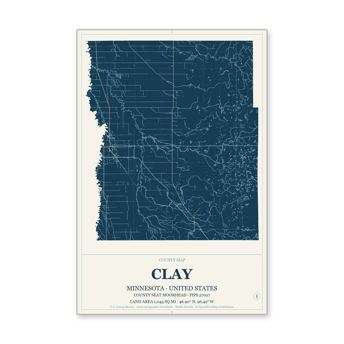 Clay County, Minnesota Map Aluminum Sign in Coastal Cutout style