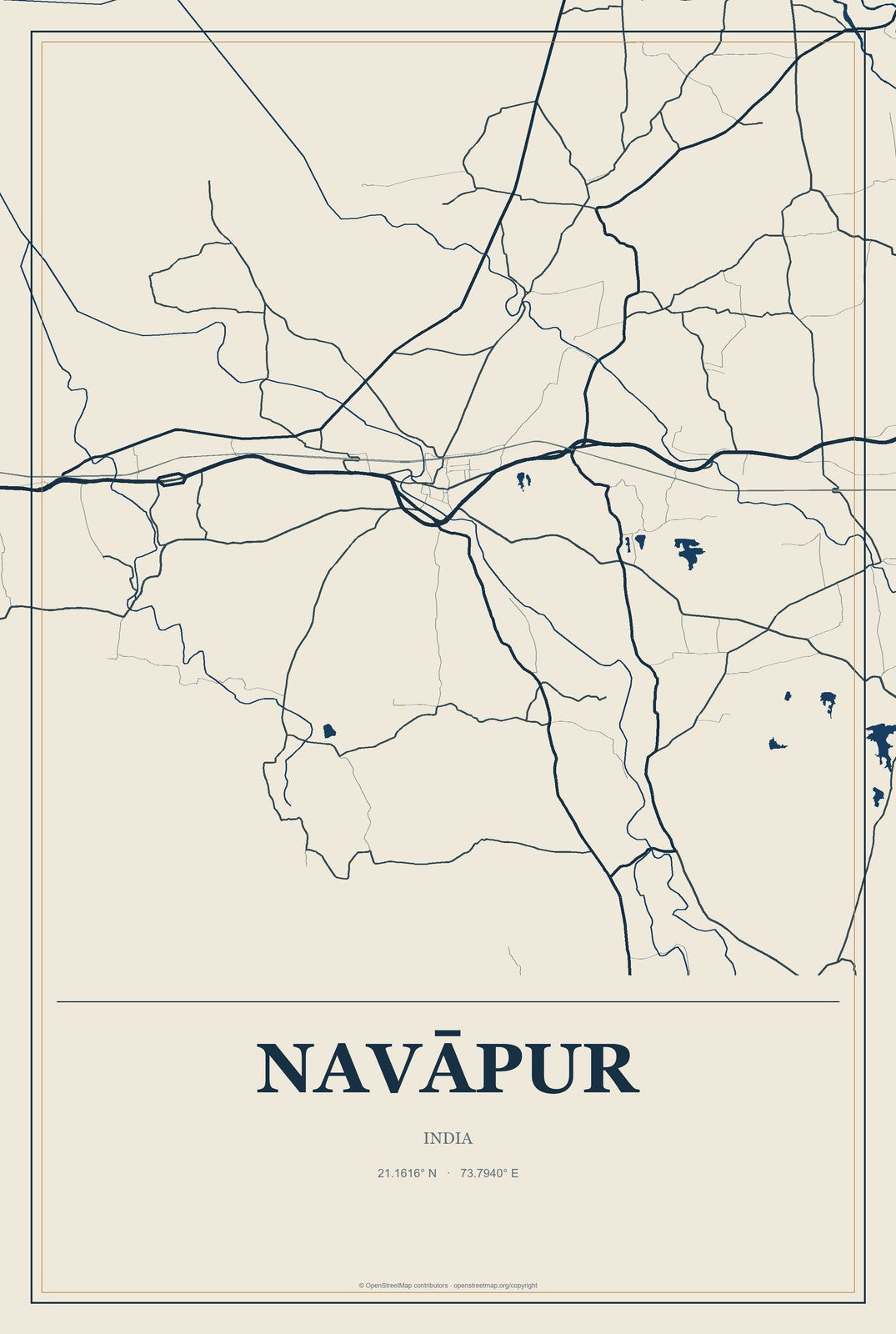Navāpur, India City Map Aluminum Sign in Coastal Cutout style