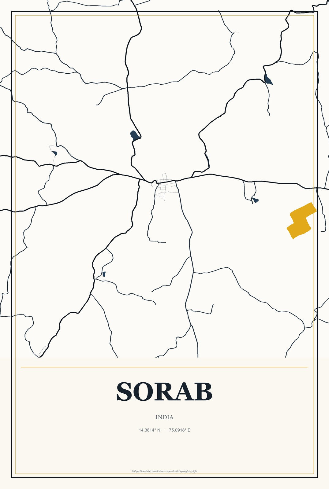 Sorab, India City Map Aluminum Sign in Citrine Modern style