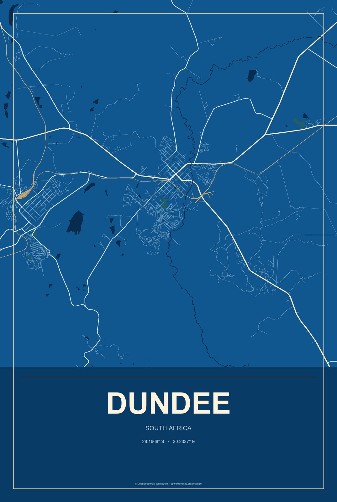 Dundee, South Africa City Map Aluminum Sign in Harbor Cobalt style