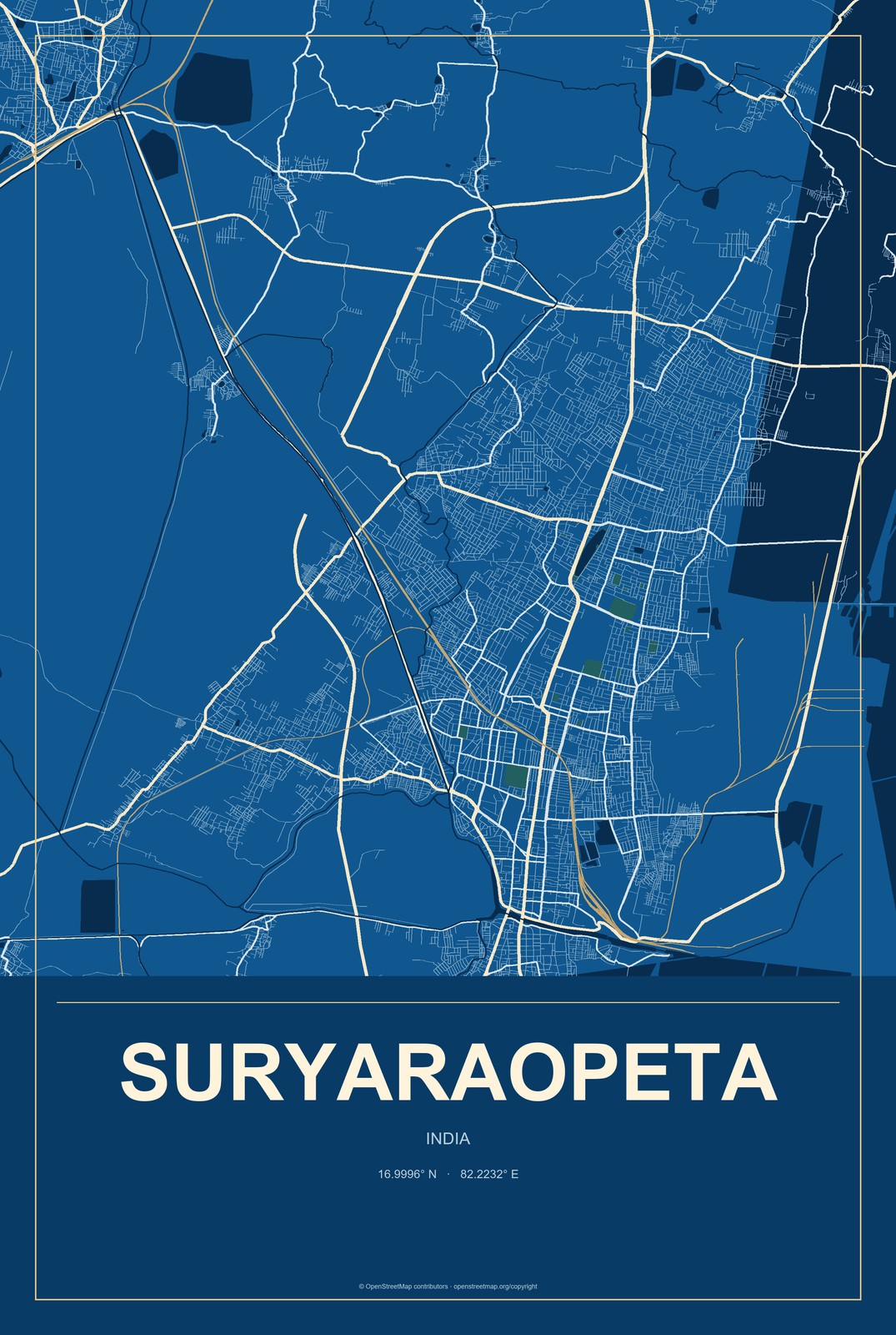 Suryaraopeta, India City Map Aluminum Sign in Harbor Cobalt style