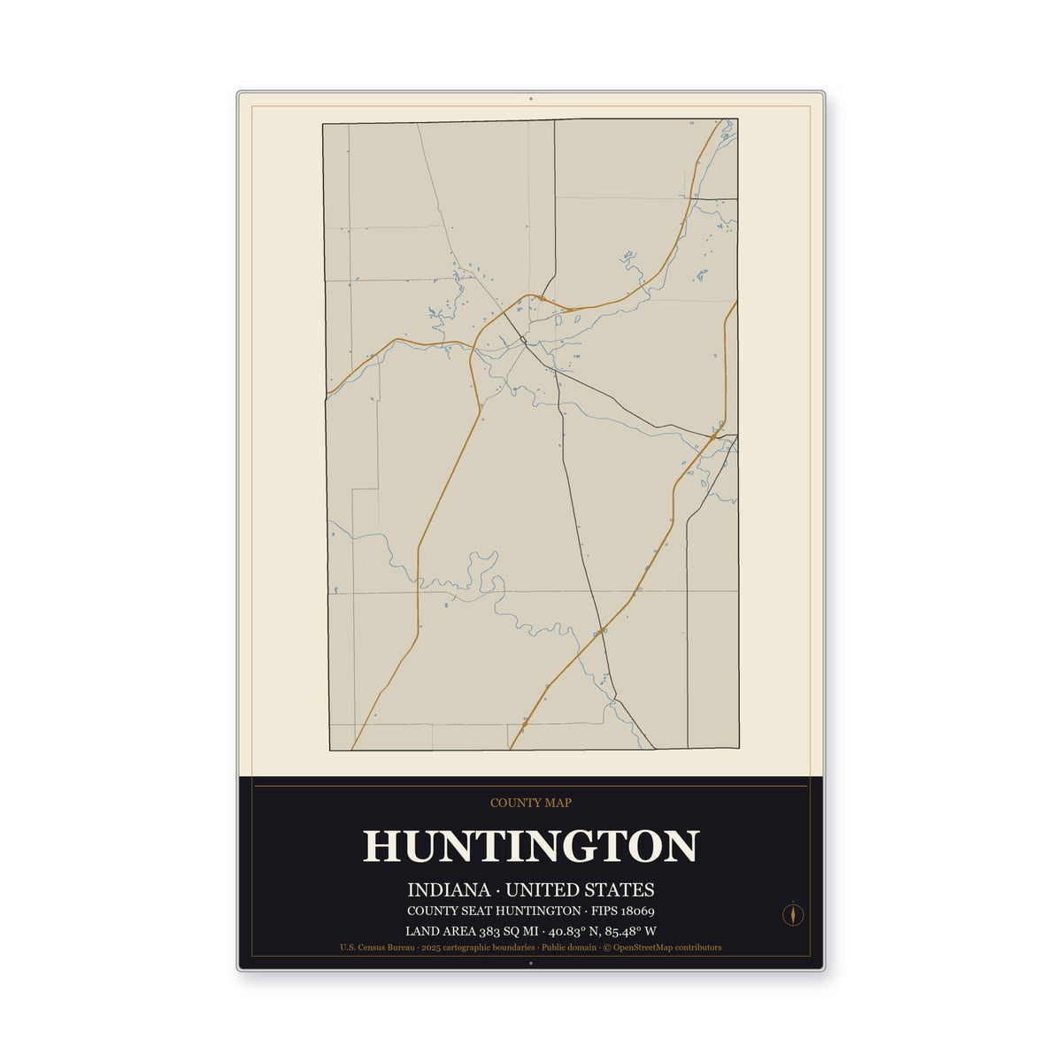 Huntington County, Indiana Map Aluminum Sign in Museum Plaque style