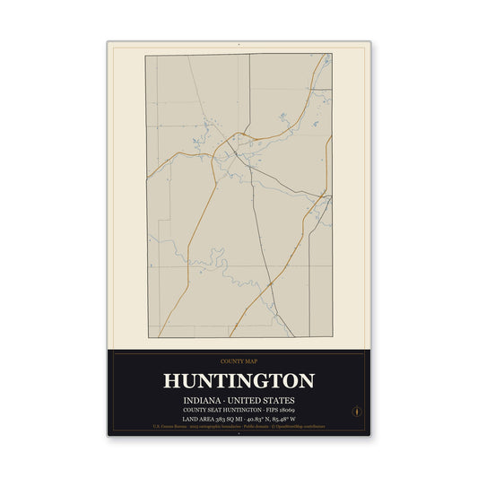 Huntington County, Indiana Map Aluminum Sign in Museum Plaque style