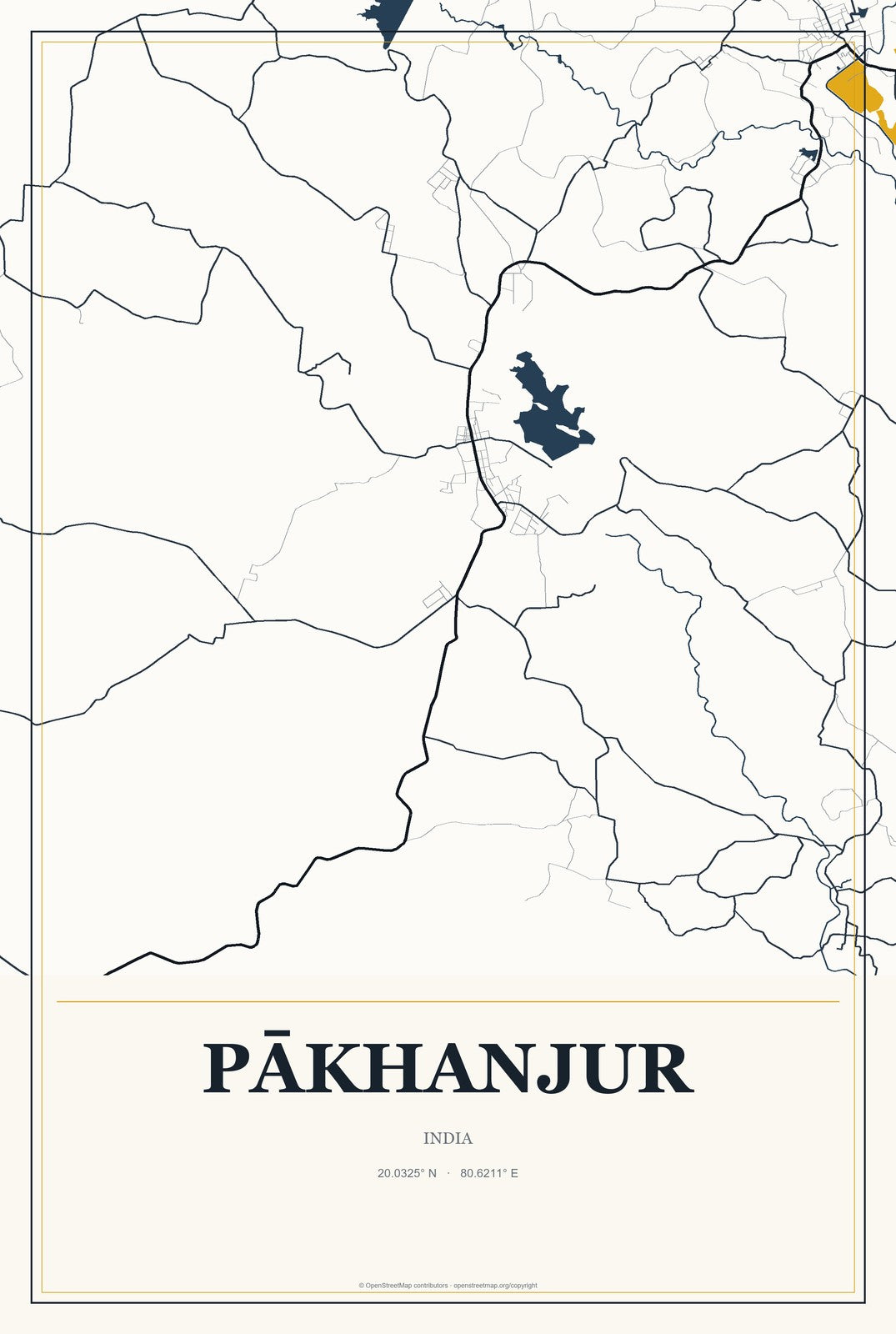 Pākhanjur, India City Map Aluminum Sign in Citrine Modern style