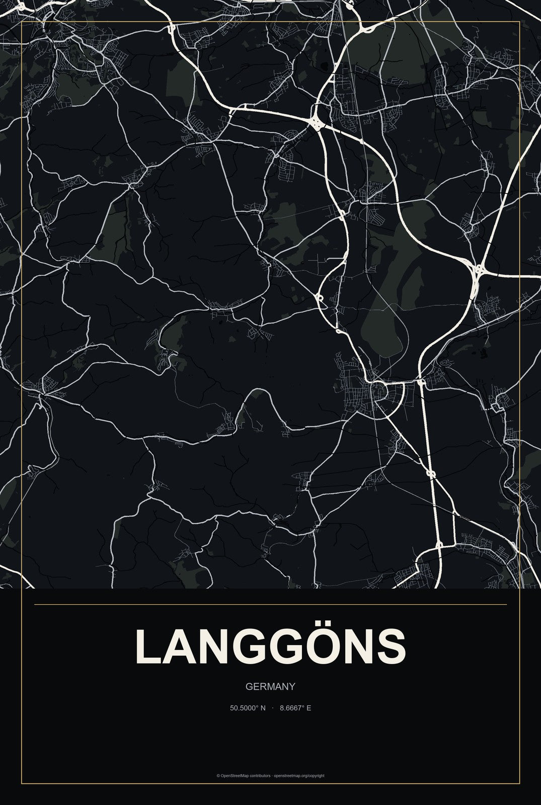 Langgöns, Germany City Map Aluminum Sign in Metropolitan Noir style