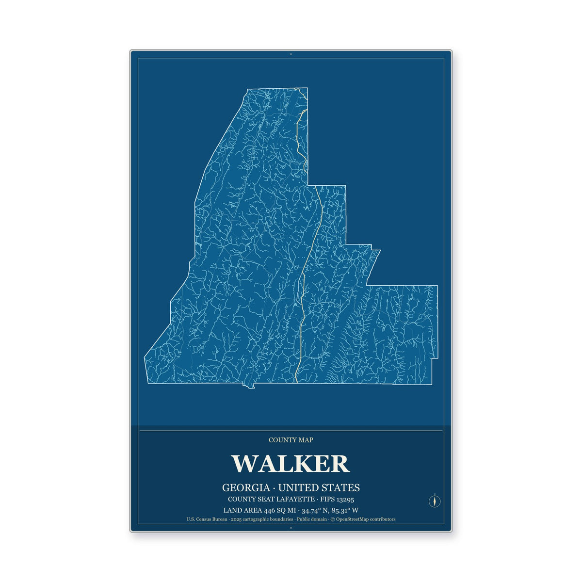 Walker County, Georgia Map Aluminum Sign in Harbor Cobalt style