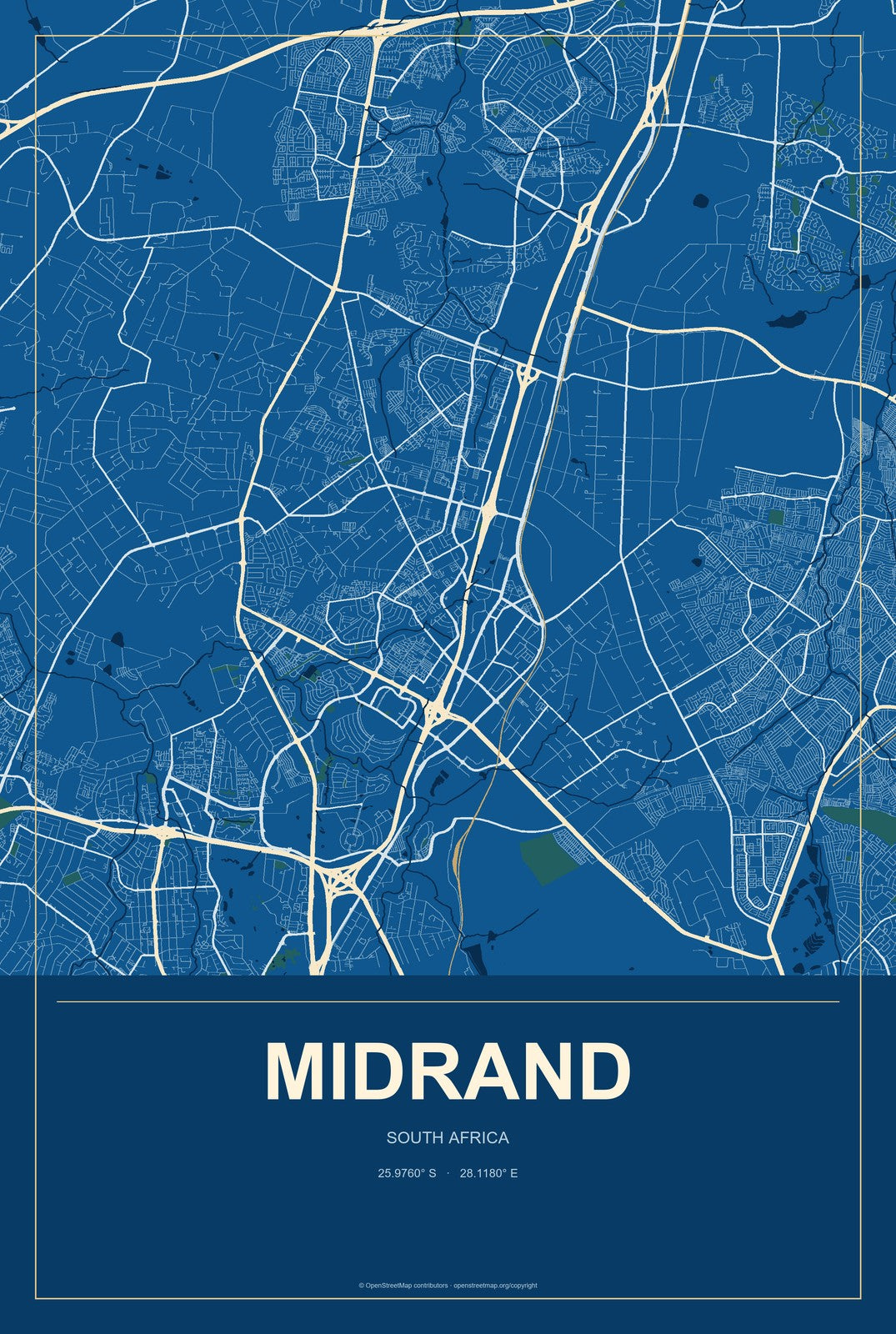 Midrand, South Africa City Map Aluminum Sign in Harbor Cobalt style