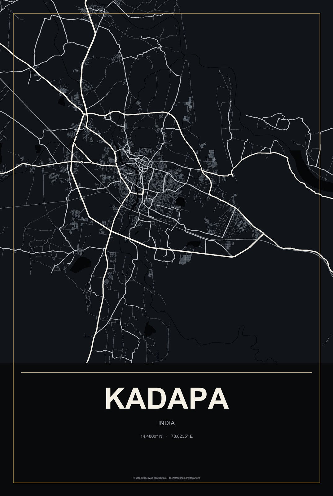 Kadapa, India City Map Aluminum Sign in Metropolitan Noir style