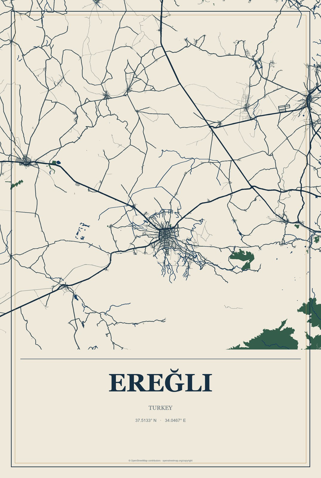 Ereğli, Zonguldak Province, Turkey City Map Aluminum Sign in Coastal Cutout style
