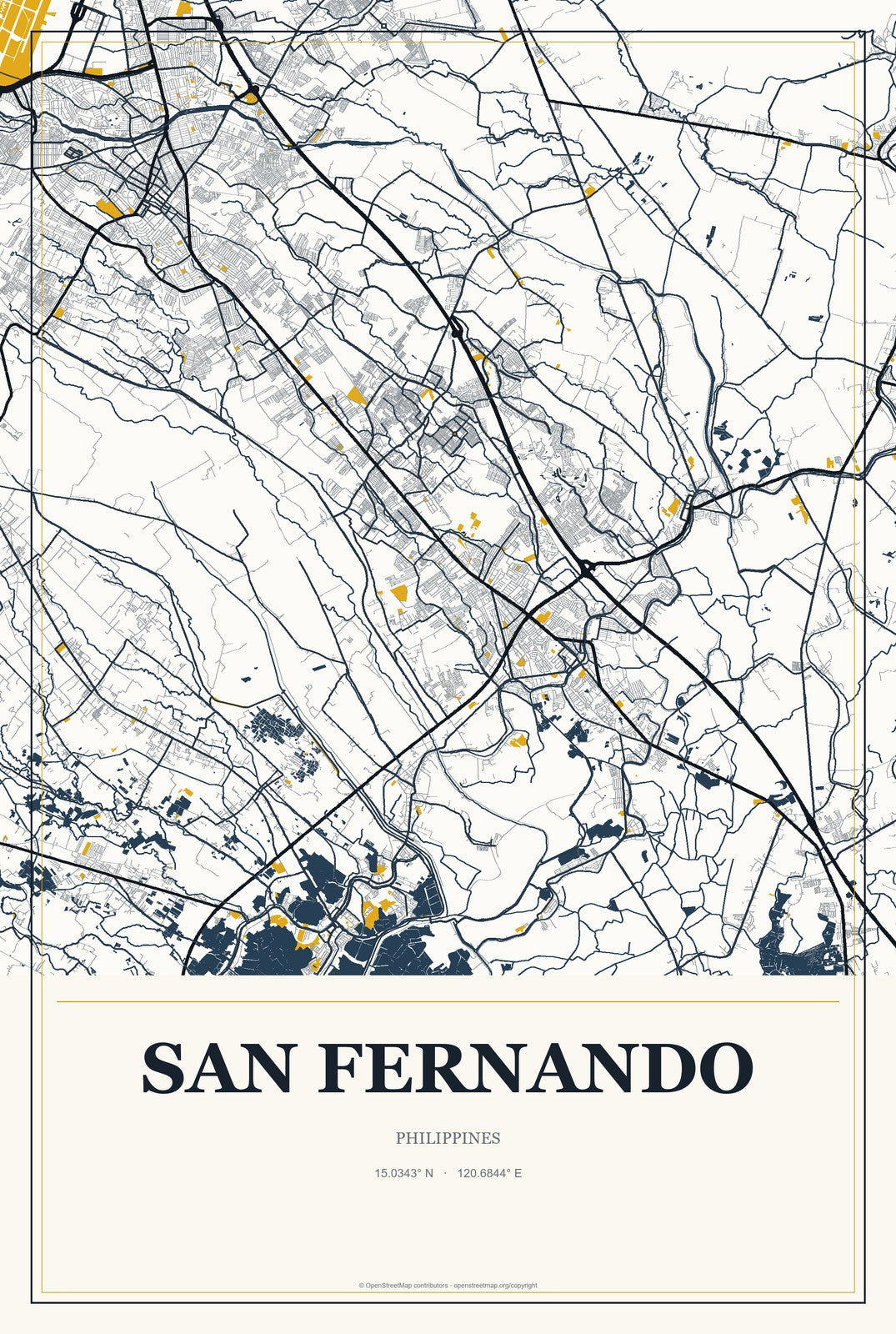 San Fernando, Ilocos, Philippines City Map Aluminum Sign in Citrine Modern style