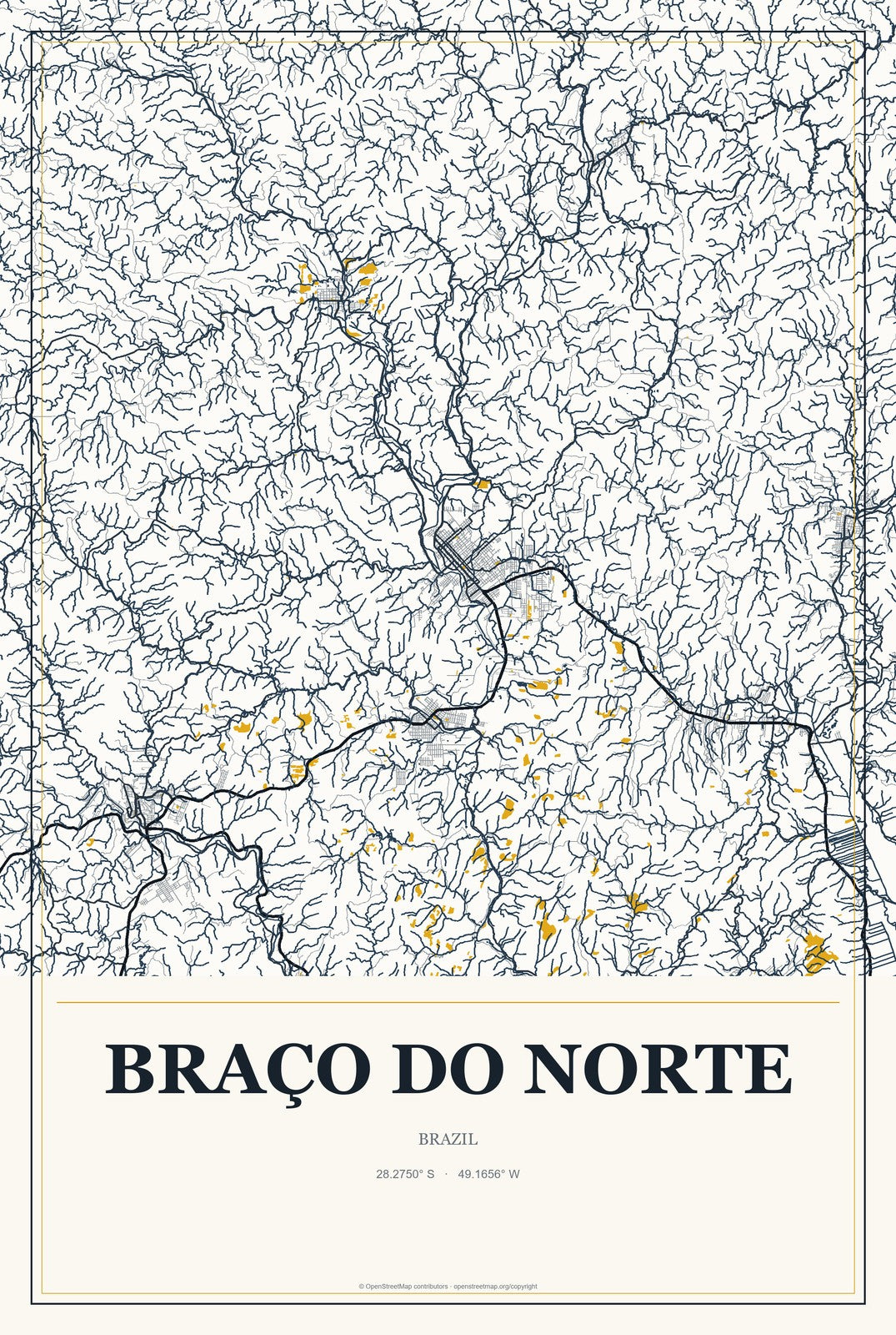 Braço do Norte, Brazil City Map Aluminum Sign in Citrine Modern style