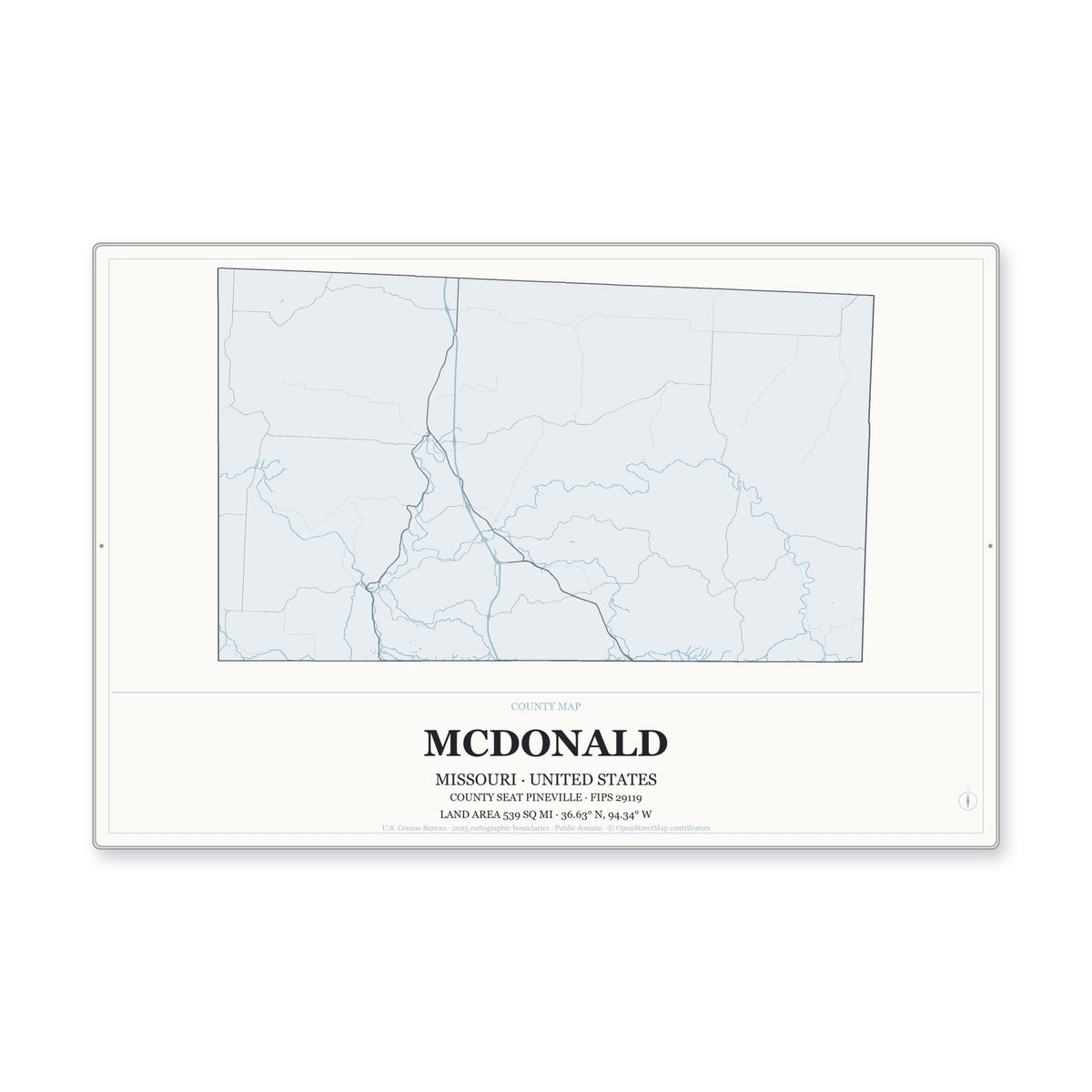 McDonald County, Missouri Map Aluminum Sign in Gallery Air style