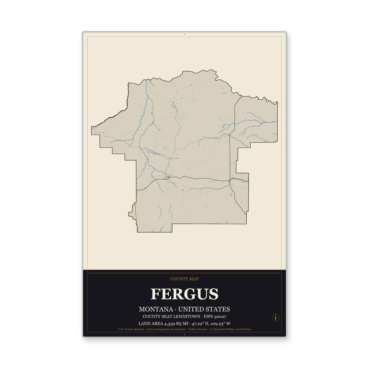 Fergus County, Montana Map Aluminum Sign in Museum Plaque style
