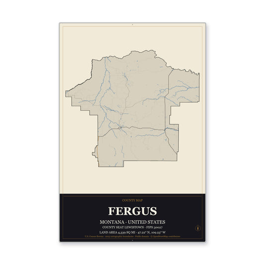 Fergus County, Montana Map Aluminum Sign in Museum Plaque style
