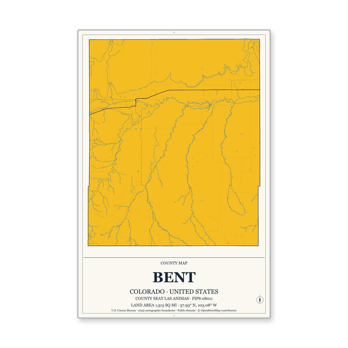 Bent County, Colorado Map Aluminum Sign in Citrine Modern style