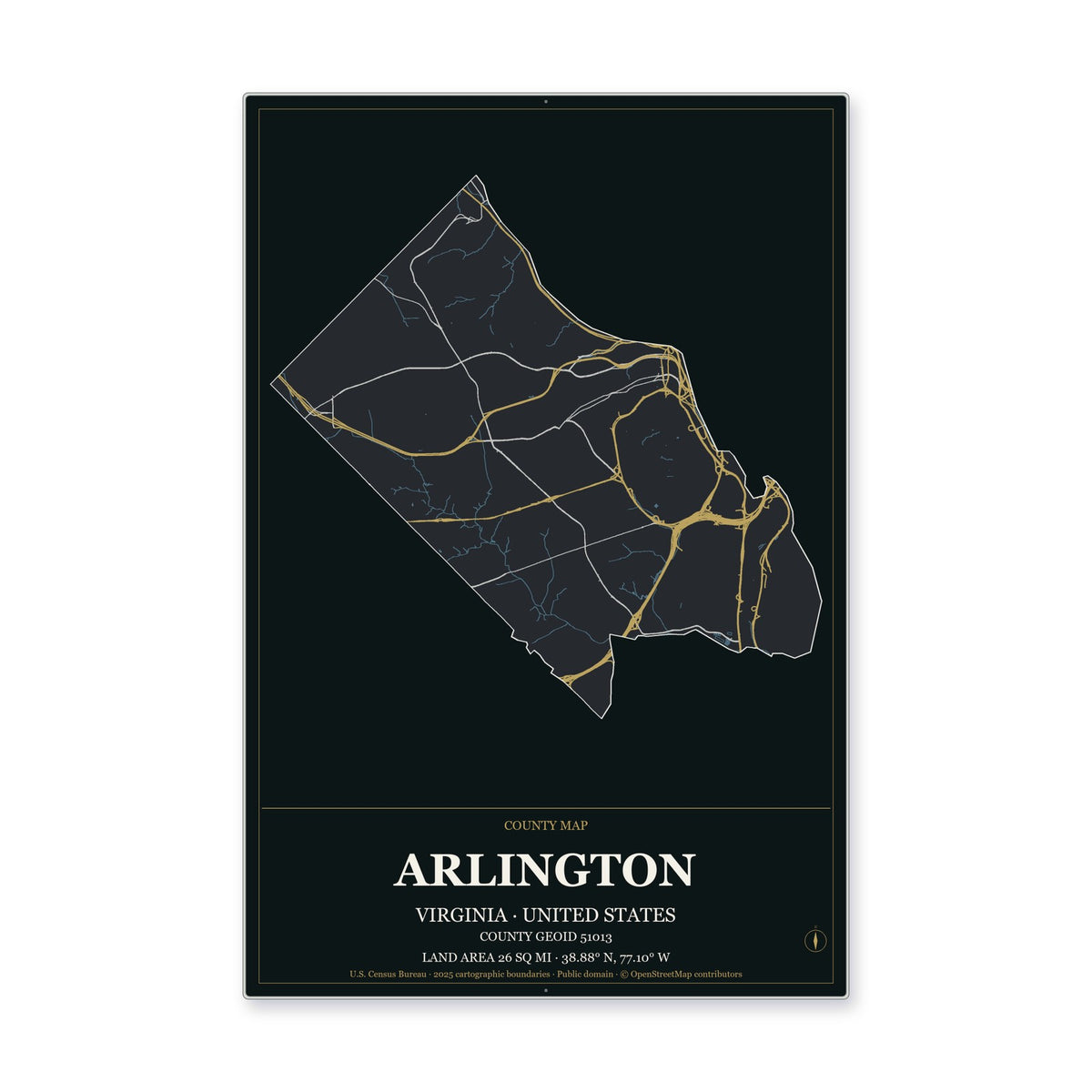 Arlington County, Virginia Map Aluminum Sign in Metropolitan Noir style