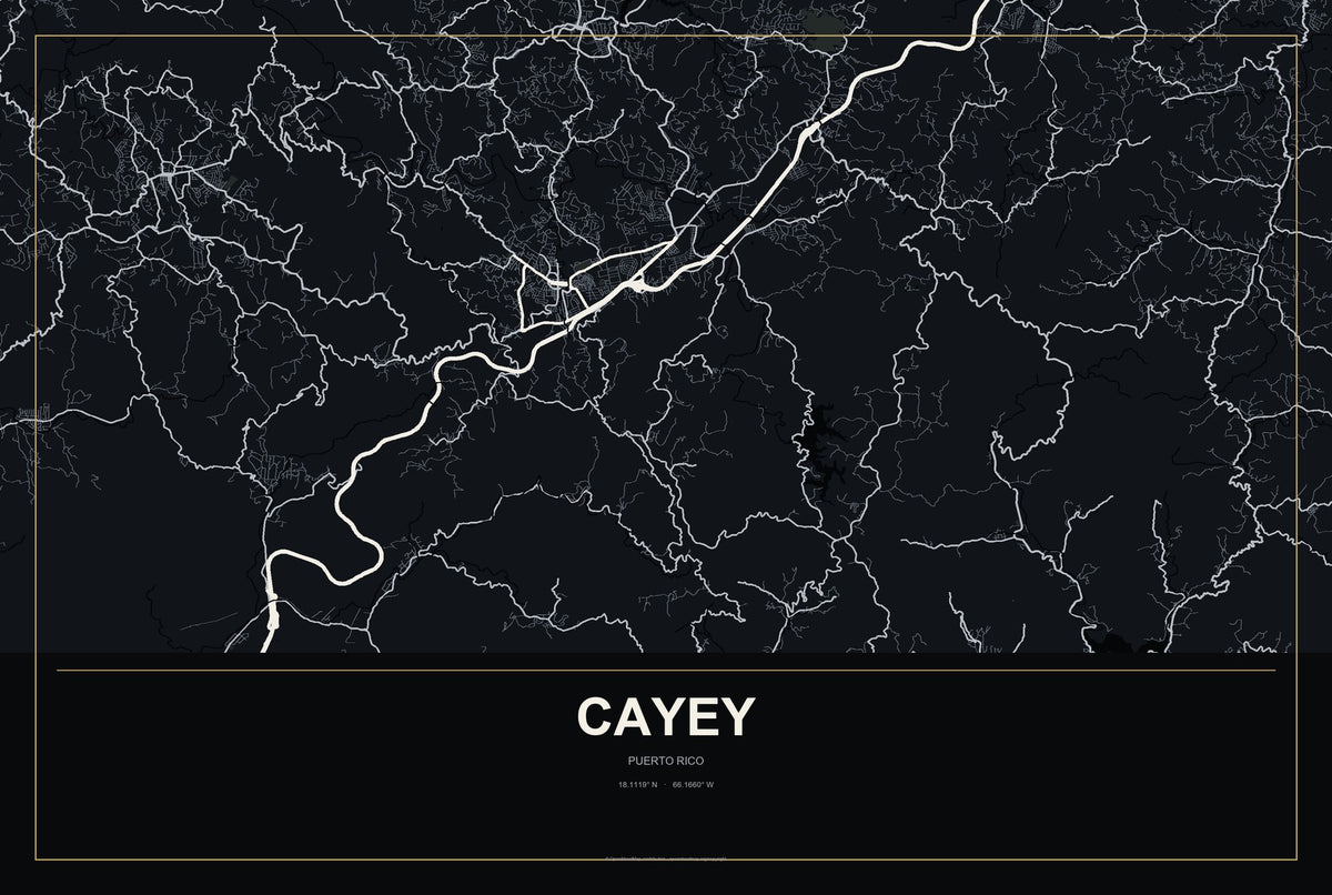 Cayey, Puerto Rico City Map Aluminum Sign in Metropolitan Noir style
