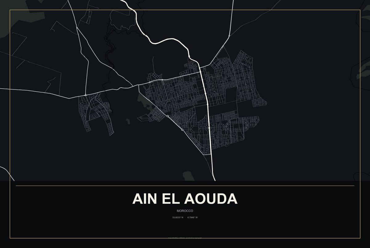 Ain El Aouda, Morocco City Map Aluminum Sign in Metropolitan Noir style