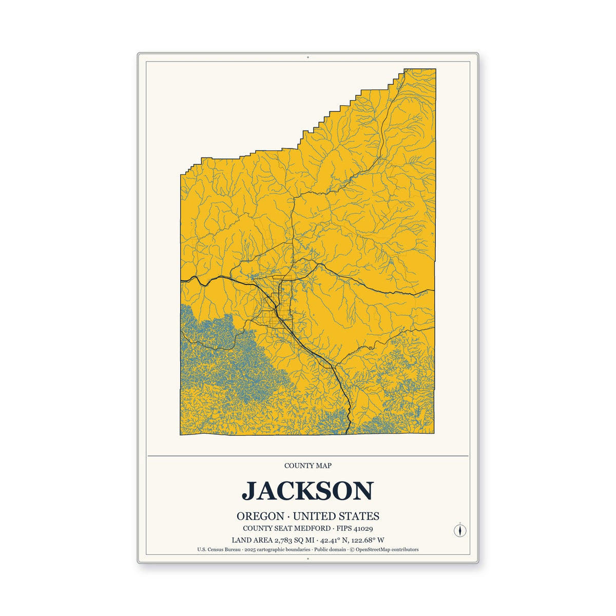 Jackson County, Oregon Map Aluminum Sign in Citrine Modern style