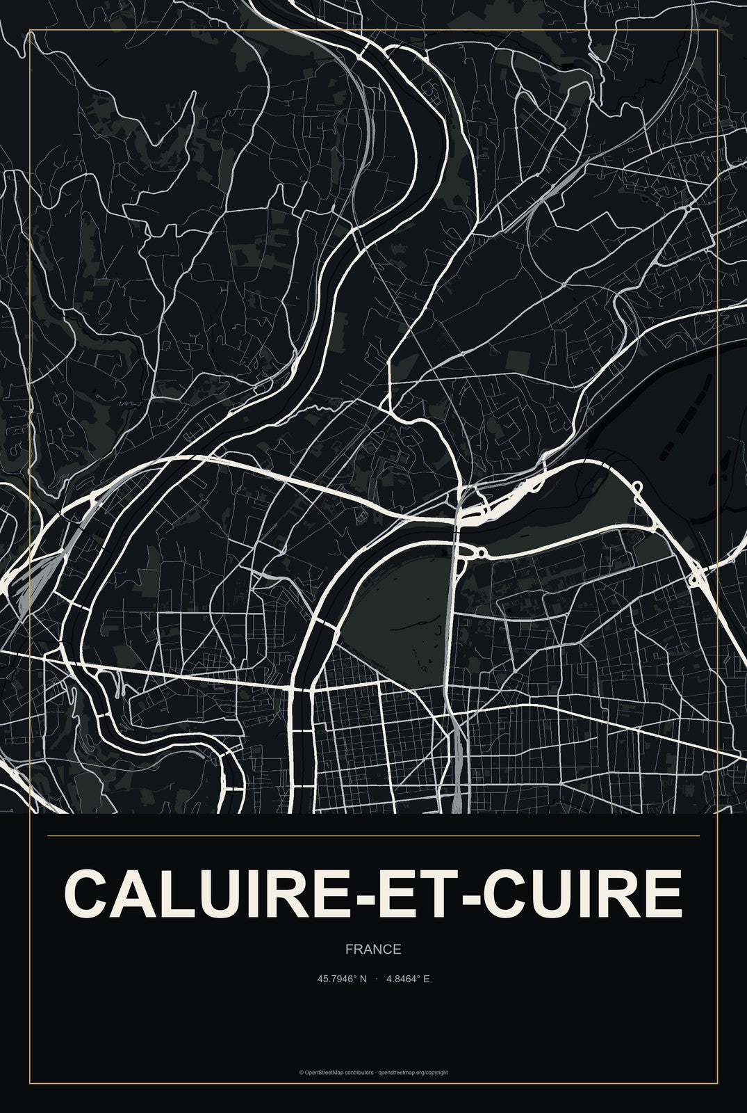 Caluire-et-Cuire, France City Map Aluminum Sign in Metropolitan Noir style