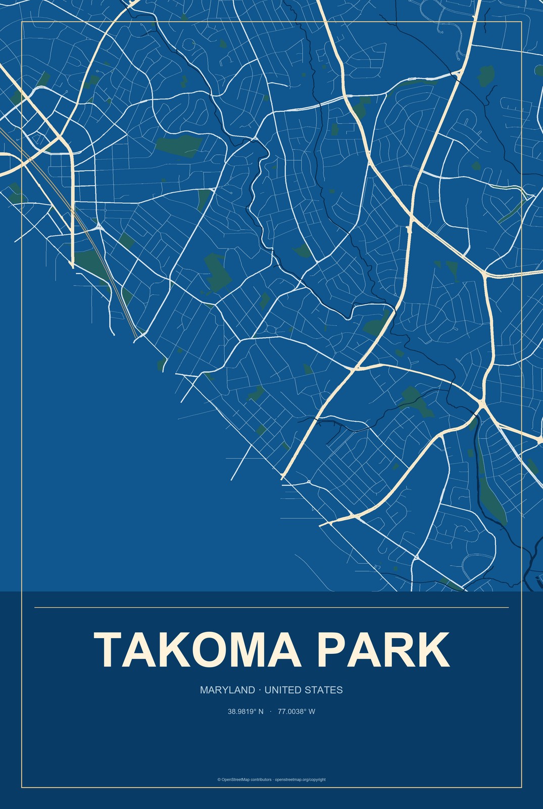 Takoma Park, Maryland City Map Aluminum Sign in Harbor Cobalt style
