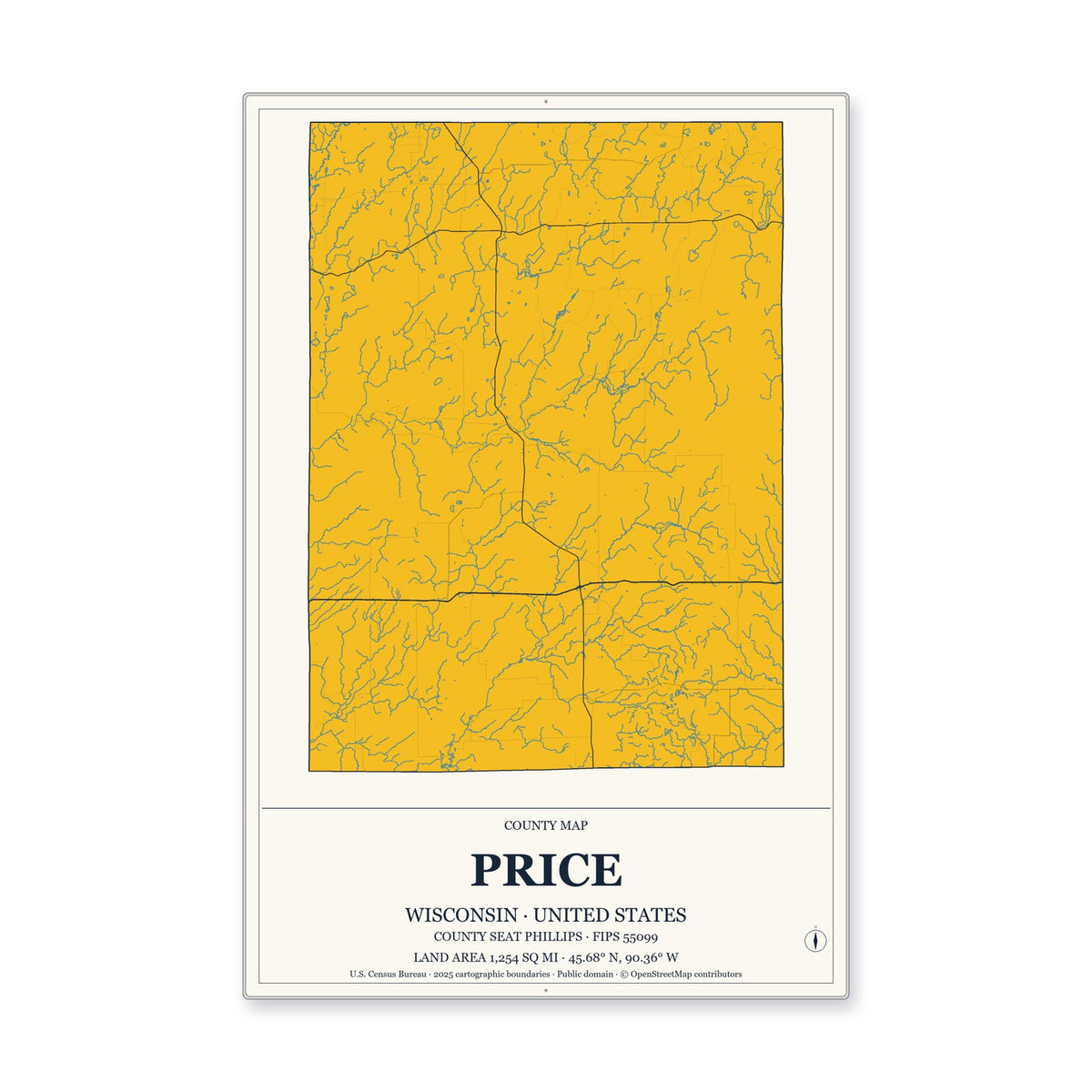 Price County, Wisconsin Map Aluminum Sign in Citrine Modern style