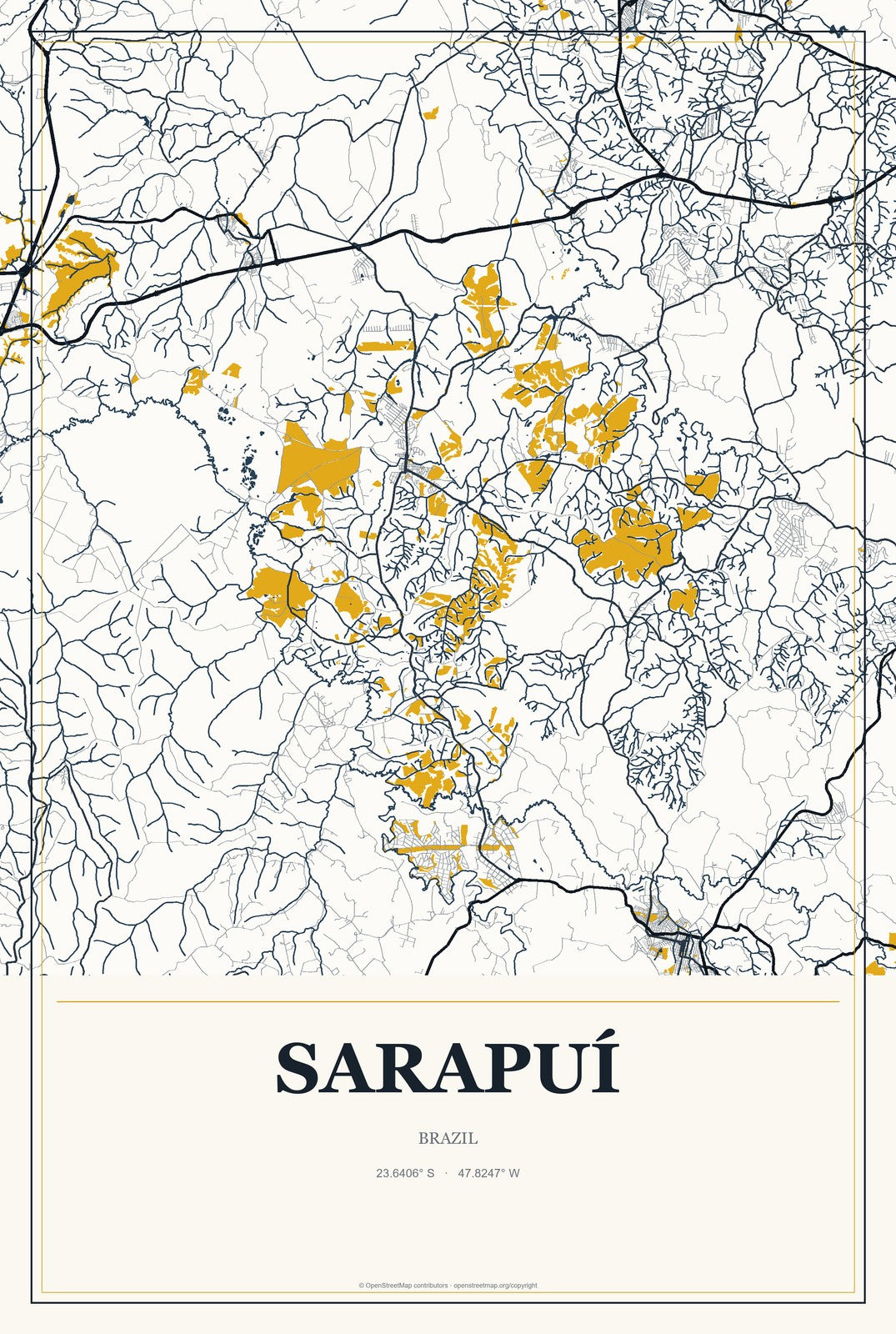 Sarapuí, Brazil City Map Aluminum Sign in Citrine Modern style
