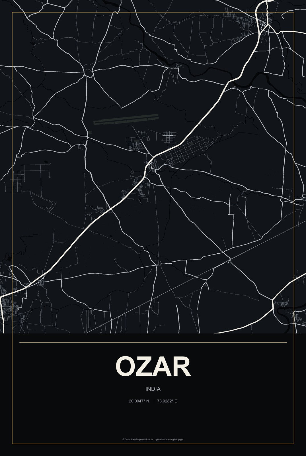 Ozar, India City Map Aluminum Sign in Metropolitan Noir style