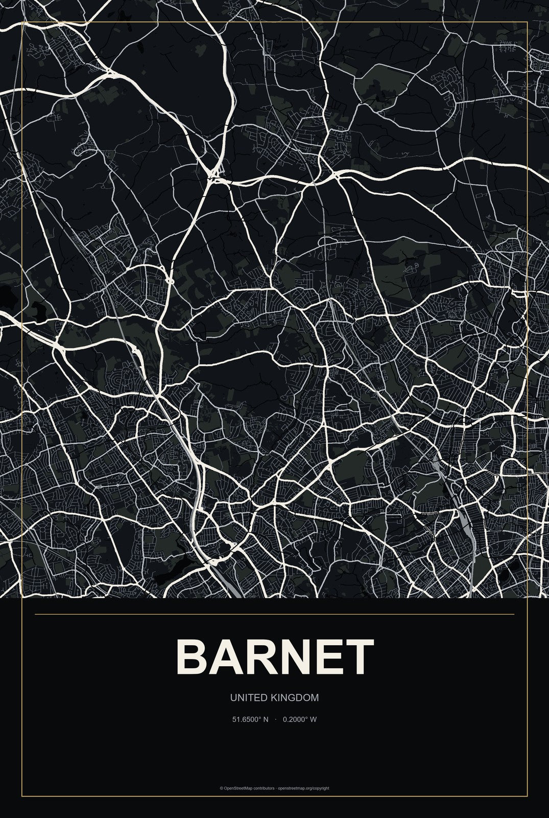 Barnet, United Kingdom City Map Aluminum Sign in Metropolitan Noir style