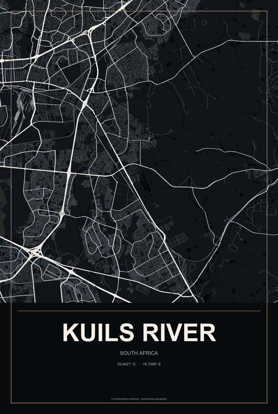 Kuils River, South Africa City Map Aluminum Sign in Metropolitan Noir style