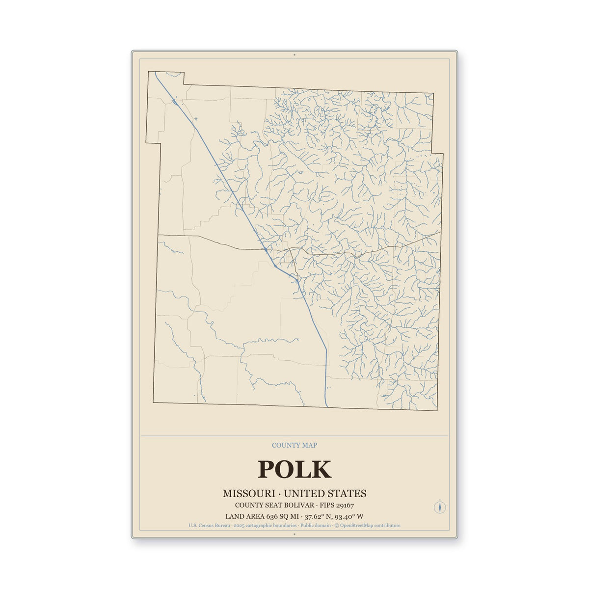 Polk County, Missouri Map Aluminum Sign in Heritage Nautical style