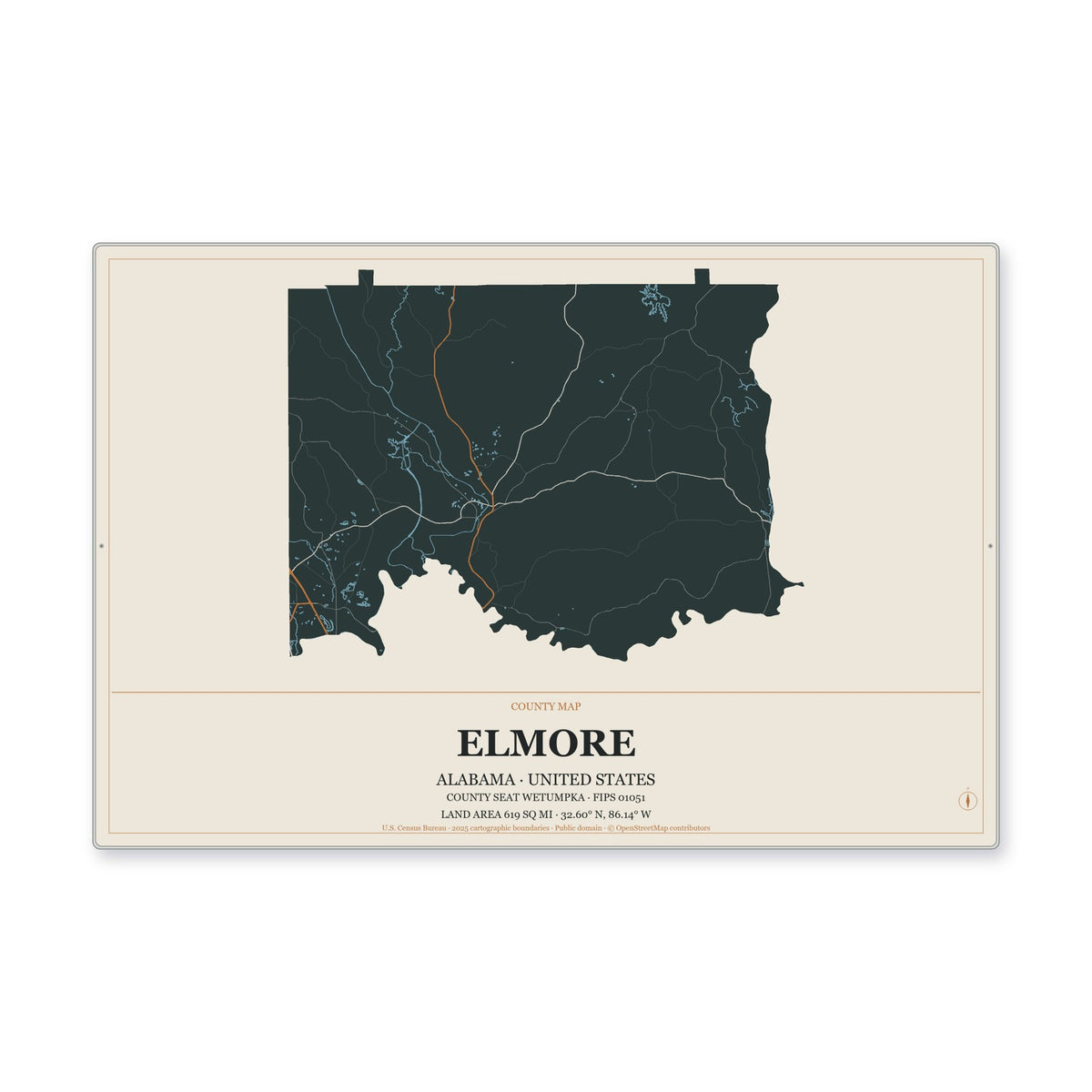 Elmore County, Alabama Map Aluminum Sign in Headline Atlas style