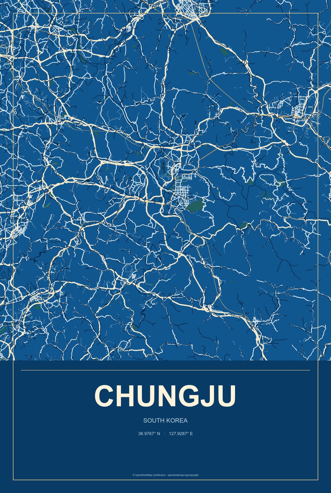 Chungju, South Korea City Map Aluminum Sign in Harbor Cobalt style