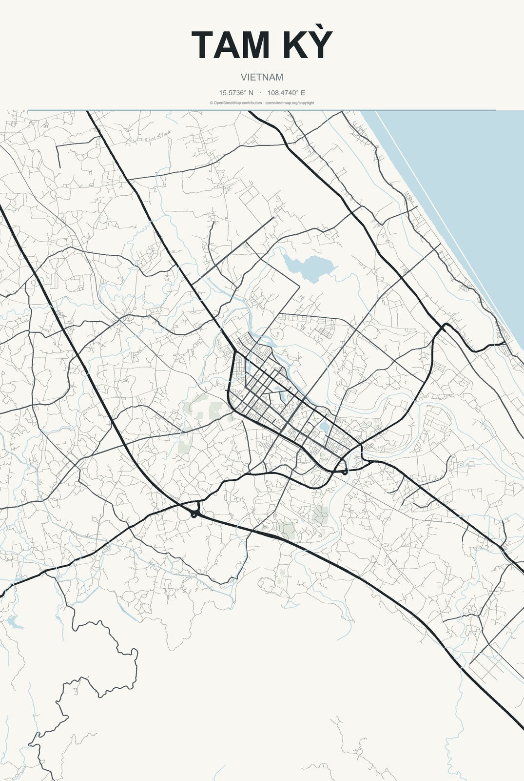 Tam Kỳ, Vietnam City Map Aluminum Sign in Headline Atlas style