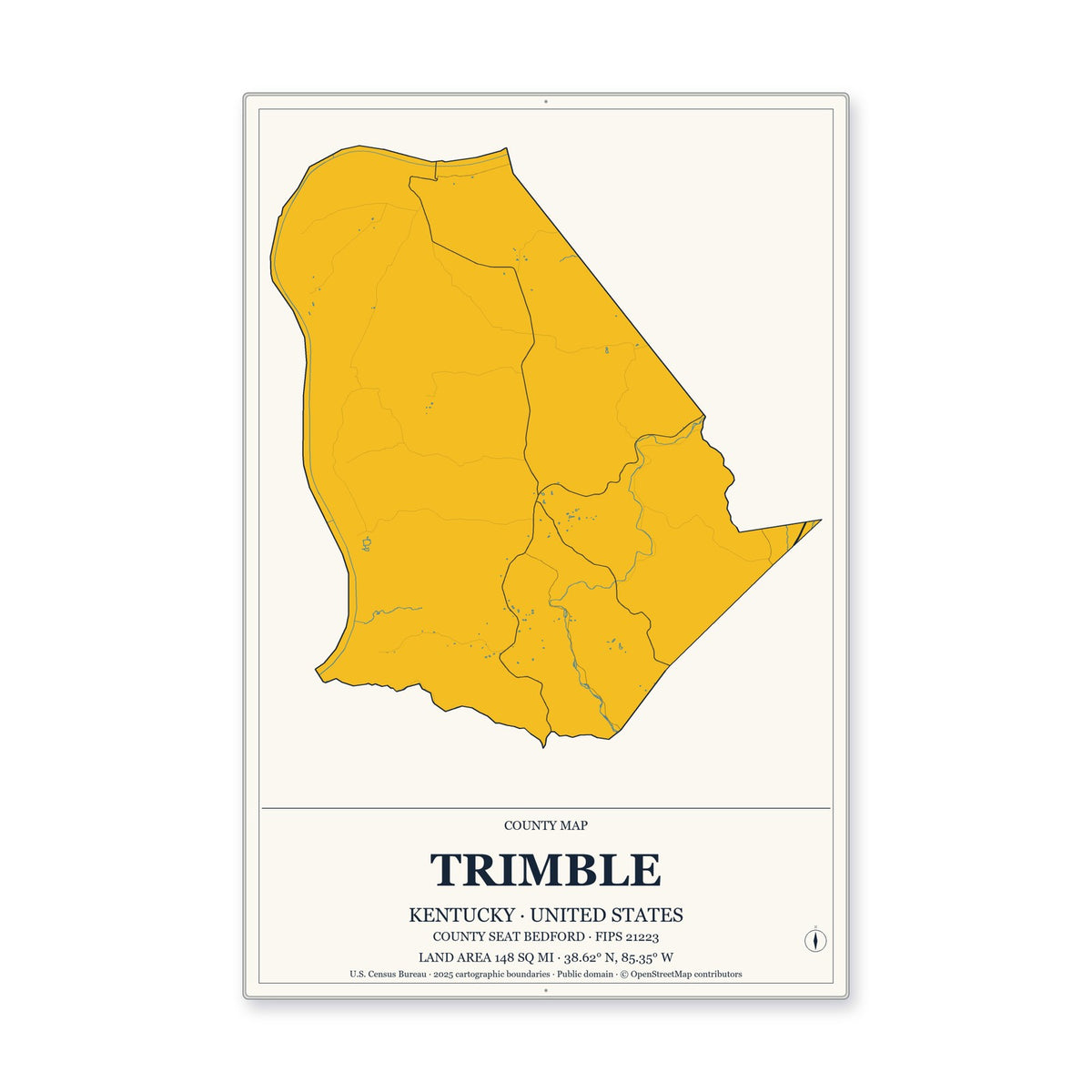 Trimble County, Kentucky Map Aluminum Sign in Citrine Modern style