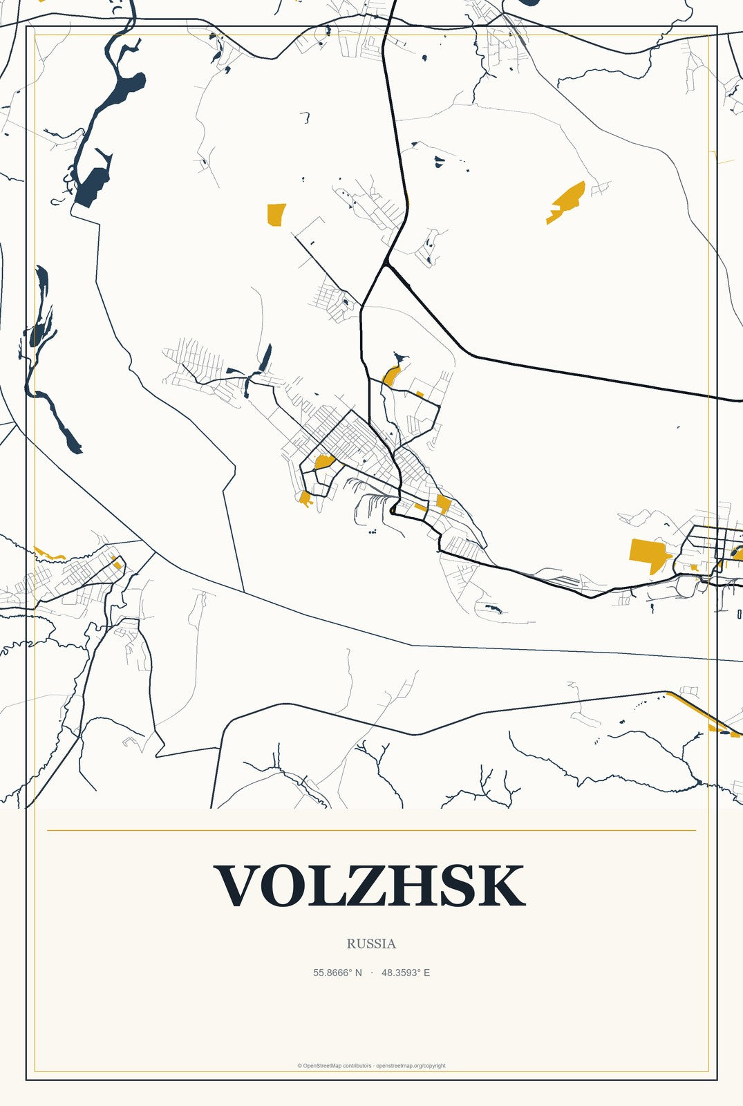 Volzhsk, Russia City Map Aluminum Sign in Citrine Modern style