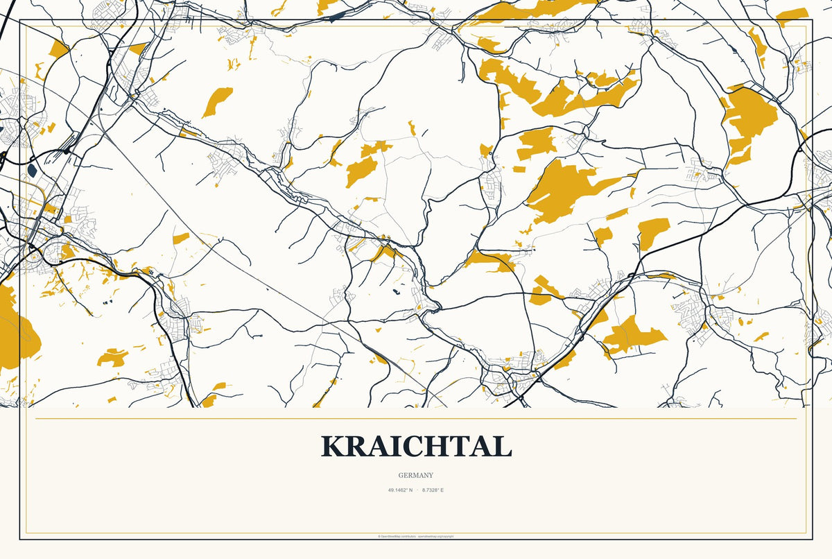 Kraichtal, Germany City Map Aluminum Sign in Citrine Modern style