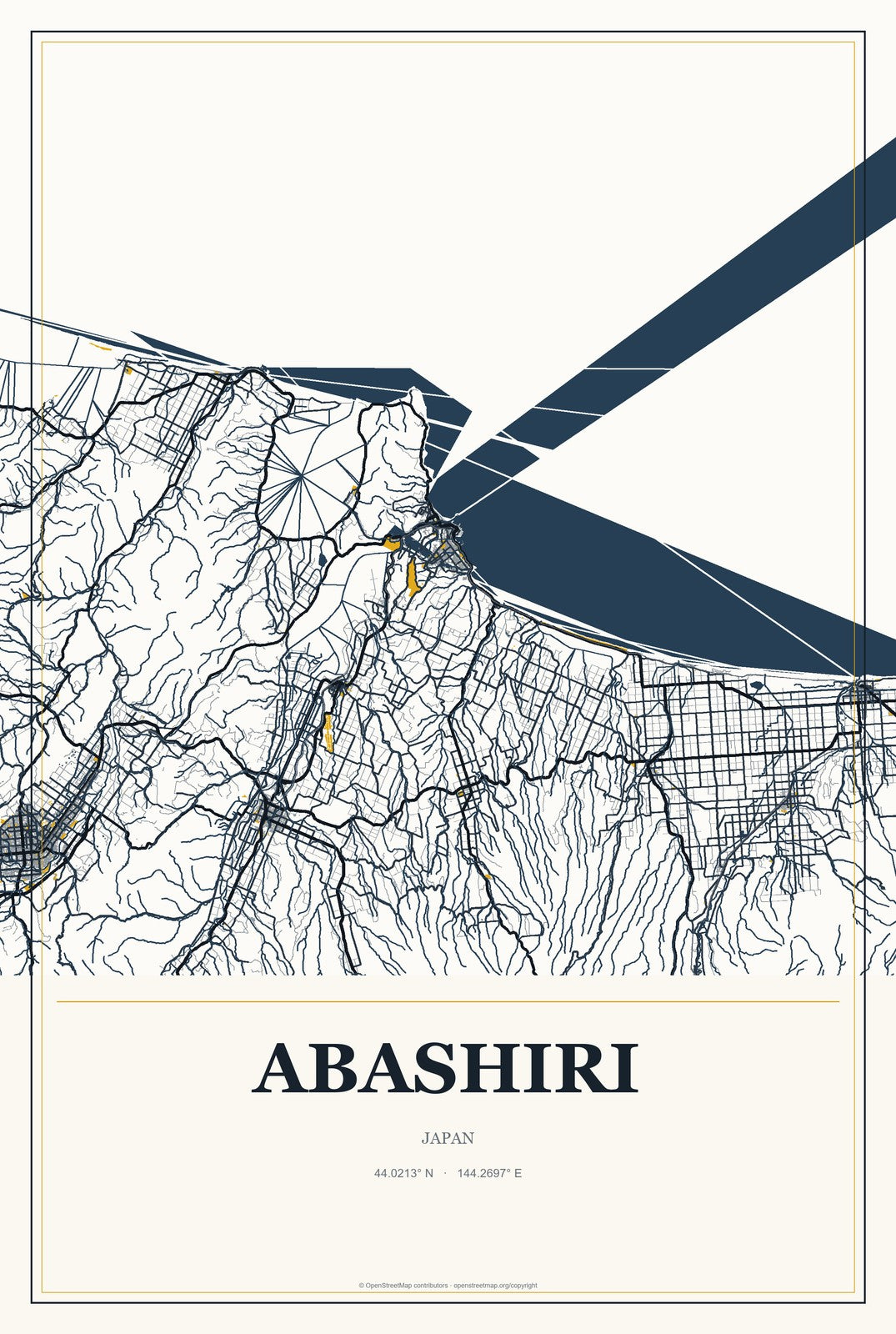 Abashiri, Japan City Map Aluminum Sign in Citrine Modern style
