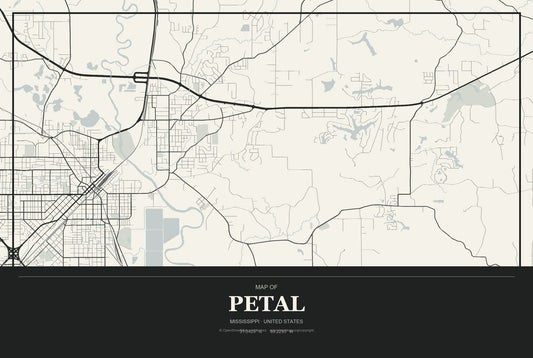 Petal, Mississippi City Map Aluminum Sign in Museum Plaque style