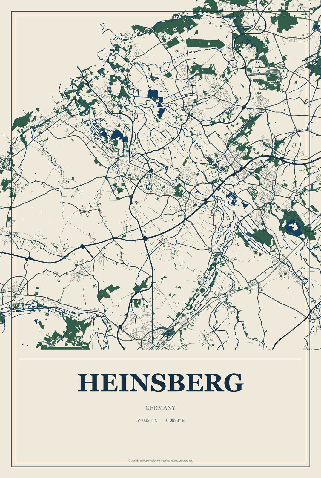 Heinsberg, Germany City Map Aluminum Sign in Coastal Cutout style