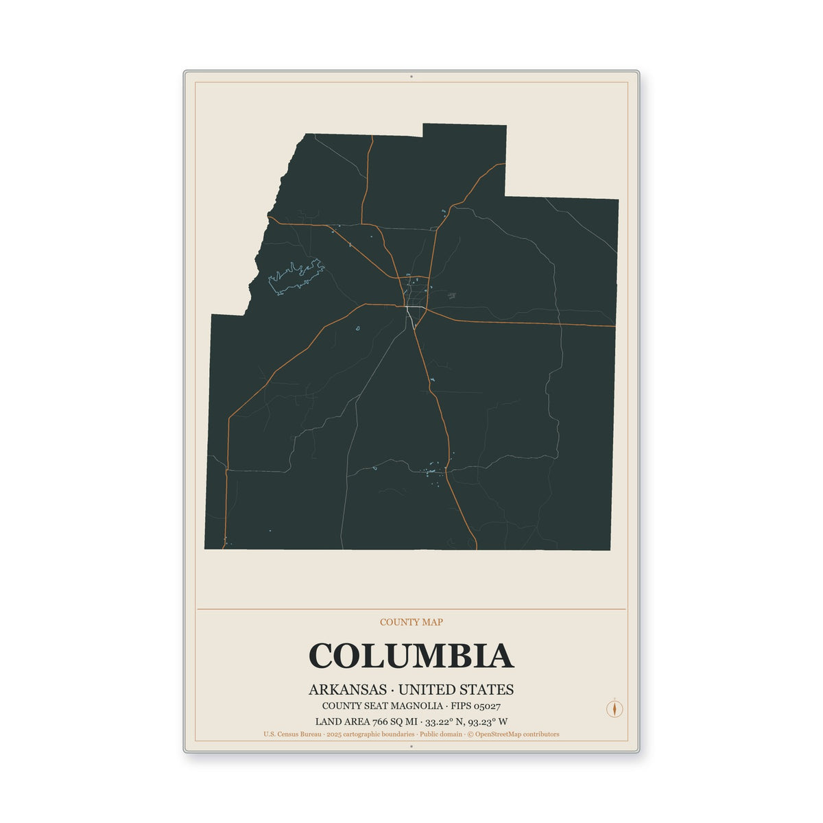 Columbia County, Arkansas Map Aluminum Sign in Headline Atlas style
