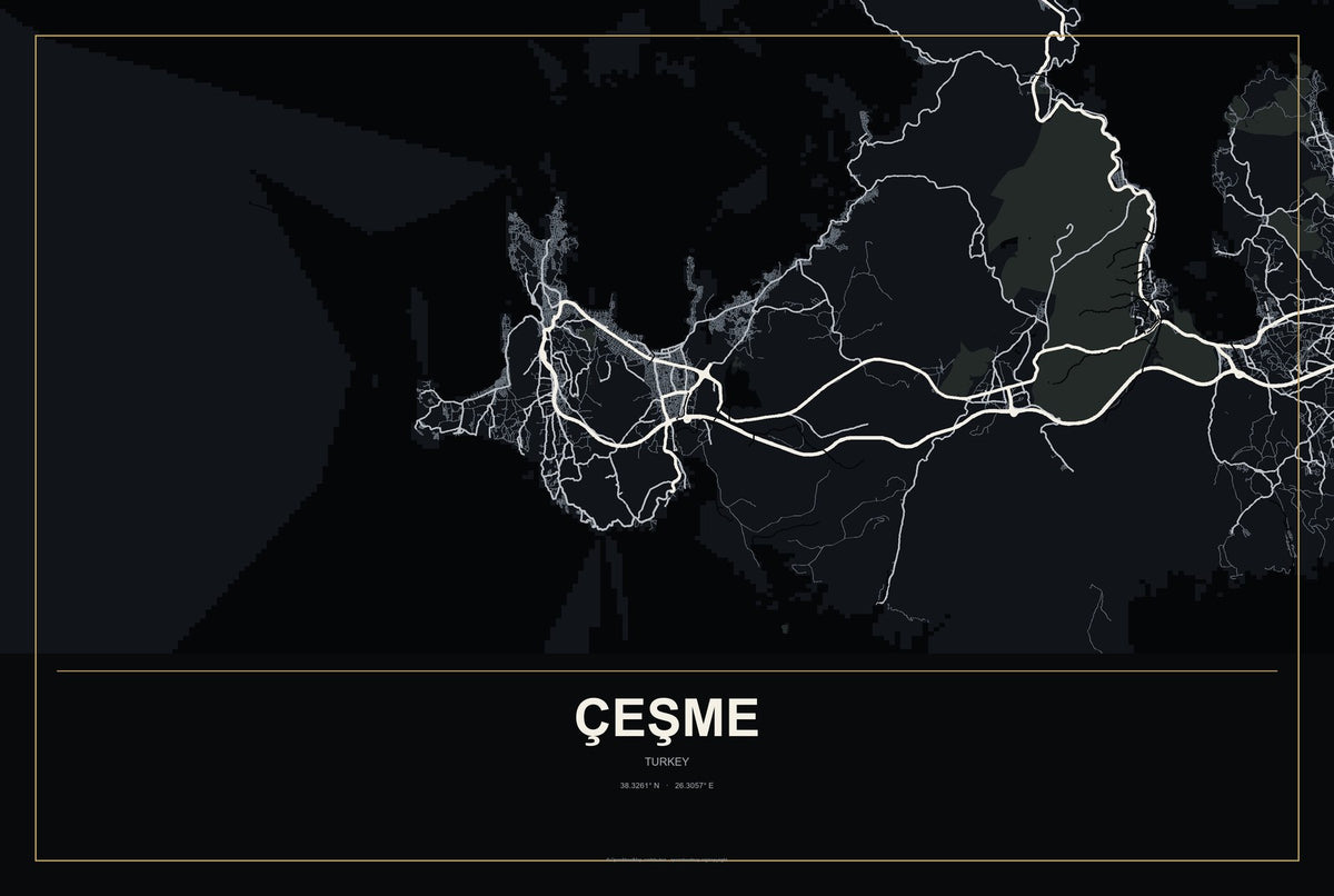 Çeşme, Turkey City Map Aluminum Sign in Metropolitan Noir style
