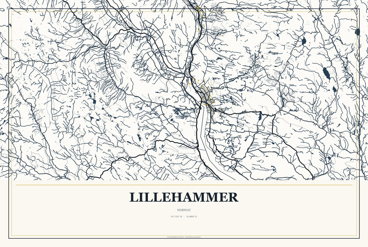 Lillehammer, Norway City Map Aluminum Sign in Citrine Modern style