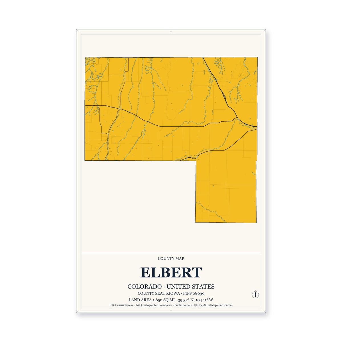 Elbert County, Colorado Map Aluminum Sign in Citrine Modern style