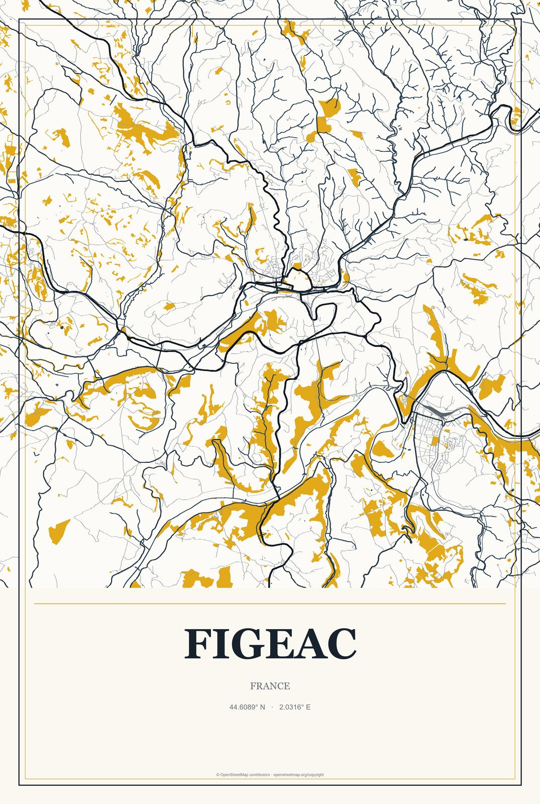 Figeac, France City Map Aluminum Sign in Citrine Modern style